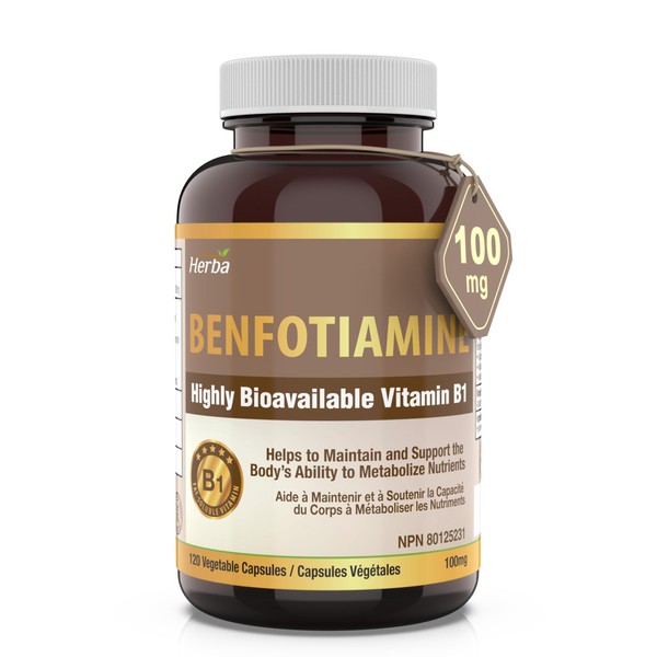 Herba Benfotiamine B1 Vitamin - 120 Capsules | 100mg of High Dose Vitamin B1 Supplement | Highly Bioavailable - Fat Soluble Vitamin B 1 | Better Absorption than Thiamine B1 Supplement | Made in Canada
