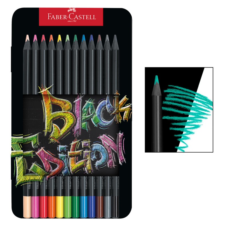 Faber-Castell 116413 Blackwood Colouring Pencils, Black Edition, 12-Piece Metal Case