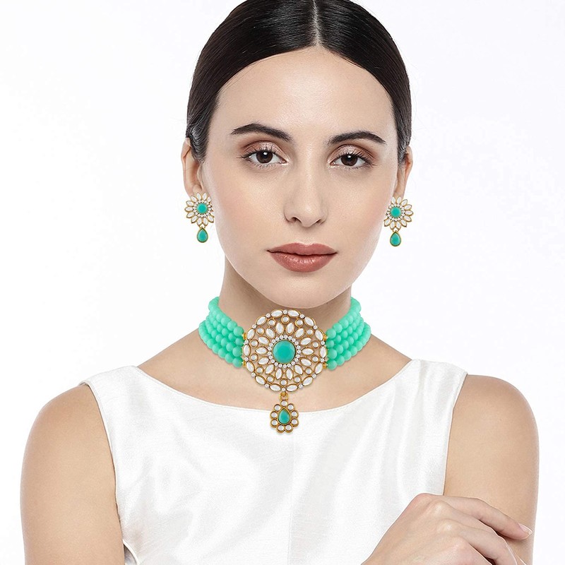 Aheli Kundan Pearl Choker Multi Layered Collar Aretes Set Joyería