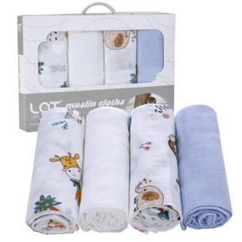 LAT Muslin Cloths for Baby, 4 Pack 70 * 80cm Baby Muslin Squares Burp Cloths for Newborns, 100% Cotton Soft and Breathable Washcloths Muslin Swaddle Blanket for Newborns (Elephant+Blue+White)