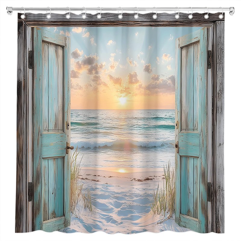 Ocean Beach Teal Barn Door Shower Curtain Hawaiian Sunset Scenery