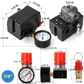 MEANLIN MEASURE Air Compressor Pressure Switch Control Valve 95-125 PSI 110V-240V 4-way Replacement Parts With 0-180 Psi Air Compressor Regulator and Safety Pressure Relief Valve