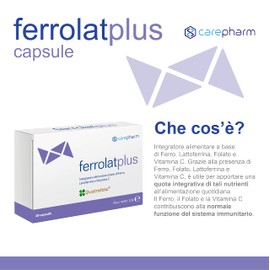 Carepharm, Ferrolat Plus, 20 Capsule di Integratore Alimentare a Base di Ferro, Lattoferrina, Folato e Vitamina C, Contribuiscono alla Normale Funzione del Sistema Immunitario, Senza Glutine, 12 g