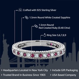 Gem Stone King 925 Sterling Silver Red Created Ruby and White Created Sapphire Women Wedding Band Ring (0.48 Cttw, Available 5,6,7,8,9) (Size 9)