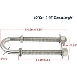 Amarine - tornillo en U de acero inoxidable para embarcaciones de popa marina (1/2 pulgadas y 3/8 pulgadas opcional) (plata, 1/2 pulgadas de diámetro - 3 pulgadas de longitud de rosca)