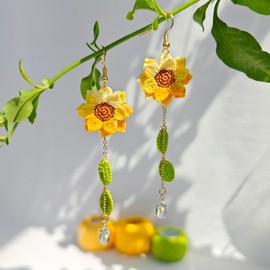 Handmade Earrings for Women, 18K Gold Dainty Drop Crochet Sunflower Dangle Earrings,Statement Crochet Floral Dangling Earrings