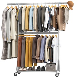 100% Stainless Steel Heavy Duty Clothes Rack Load 860LBS, Rolling Double Rods Clothing Racks for Hanging Clothes, Adjustbale Garment Rack With Sturdy Wheels Shelf, Portable Closet Rack Free Standing