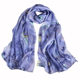 100% Mulberry Silk Women's Flower Print Thin Neck Silk Scarf Shawl,Blue Green Rectangle Beach Shawl Wrap Headscarf (blue)