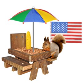 Squirrel Feeder with Umbrella Squirrel Table Feeder with Sturdy Squirrel Feeder with Corn Cob and Peanut Tray Holder Sturdy with Solid Structure Easy to Install (Rainbow Umbrella)