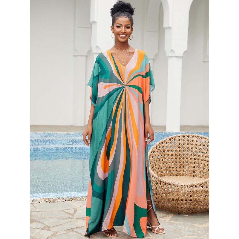 IMAGEKOPE Moroccan Print V-Neck Batwing Kaftan Women's Plus Size Loose