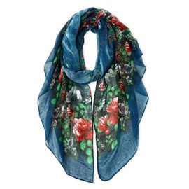 GERINLY Lightweight Scarves: Fashion Flowers Print Shawl Wrap For Women (Blue)