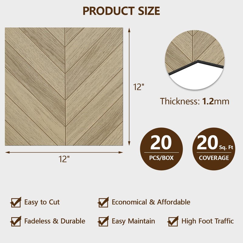 ACCOR HOME Peel and Stick Floor Tile, 20-Pack 12" x