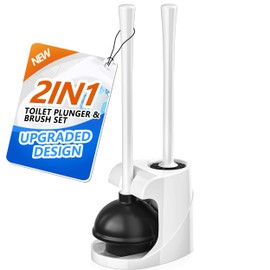 Toilet Plunger and Brush with Holder, Bowl Brush and Heavy Duty Toilet Plunger Set for 5.7-inch Toilet Drain, 2-in-1 Bathroom Cleaning Combo with Modern Caddy Stand (White)