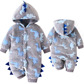 Yaopelky Newborn Baby Dinosaur Snowsuit Infant One Piece Hooded Jumpsuit Toddler Cartoon Romper Winter Warm Fleece Outfit (Grey, 12-18 Months)