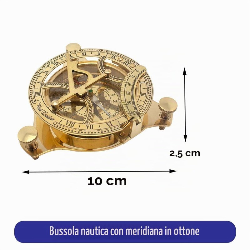 Calyron Bussola Sundial in ottone con scatola di legno, design
