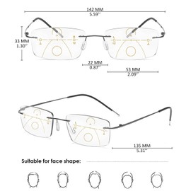 KOOSUFA Randlose Selbsttönende Gleitsicht Lesebrille Gleitsichtbrille Progressive Multifokus Anti-Blaulicht Photochrome Herren Damen Titan Rahmenlose mit UV-Schutz Sonnenlesebrille 1x Grau 1.5