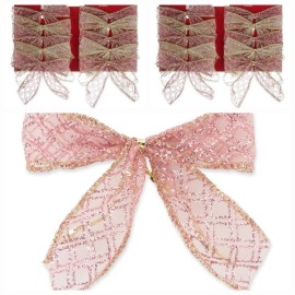 Holiday Time (LOT OF 2) Holiday Time Sheer Pink and Gold Glitter Plaid Bow Wired Edge Twist