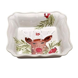Casafina Deer Friends Collection Fine Stoneware Ceramic Square Baker 10", White