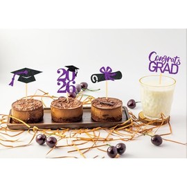 24Pcs Graduation Cupcake Toppers, Graduation Decorations Class of 2026 Cupcake Toppers (Black Purple)