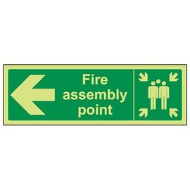 VSafety 17021BP-G Fire Assembly Point Sign, Fire Assembly Point Arrow Left, Plastic, Landscape, 600 mm x 200 mm, Green