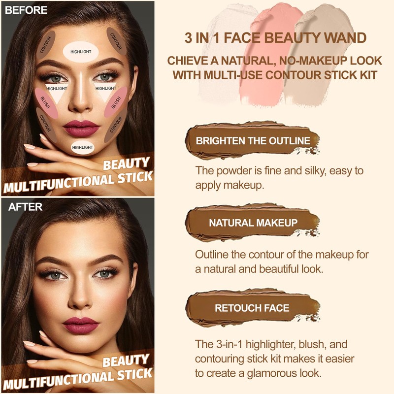 3Pcs Cream Contour Stick Makeup Kit, Shades with Highlighter Stick,