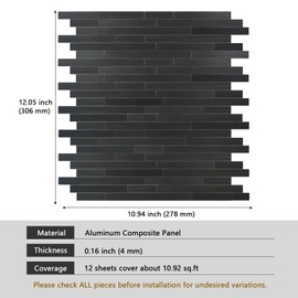 Black Peel and Stick Backsplash Linear Tile for Kitchen, Self Adhesive Brushed Aluminum Fireplace Stick on Wall Tiles (12 Sheets)