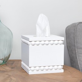 AuldHome Beaded Square Tissue Box Cover (White); Rustic Farmhouse Wood Tissue Holder