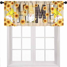 Sunflower Kitchen Curtains,Vintage Farmhouse Yellow Sunflower Bee Gnomes Country Floral Buffalo Plaid Edge Window Treatments Valances for Bedroom Living Room Bathroom Cafe 1 Piece,54x18 Inch