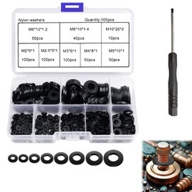 Pack of 500 Plastic Washers, Black Spacers, Flat Washers, Seals Spacer Washers for Industrial Fixings, Mechanical M2/M3/M4/M5/M6/M7/M8/M9/M10