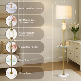 Natural Alabaster Floor Lamp for Living Room,Gold Floor Lamp with Glass Tray,Tall Lamps with Night Light,Linen Shade,4-Way Rotary Switch,Marble Base Standing Lamp for Bedroom,Office(Bulb Included)