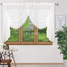 FKL DESIGN Home Deco Curtains Ready-to-Use Curtain Window Curtain Kitchen Curtains Modern Curtain Made of Voile with Guipure Pleated Tape Ruffle Tape Store Short Long Modern White 250 x 400 cm LB-11-A