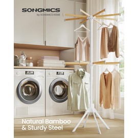 SONGMICS Clothes Drying Rack 2-Tier, with Bamboo Hanging Rods, Foldable Metal Laundry Rack, Space-Saving, Free-Standing Airer, Indoor Use, White and Natural ULLR517W01