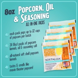 Nostalgia Movie Theater Style Popcorn Packets for Popcorn Machine, All-in-One Popcorn Kernels, Coconut Oil, Seasoning Salt, 8oz Packs, 24 count