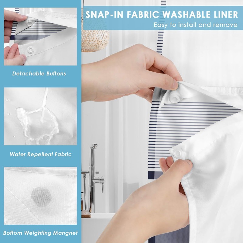 Nesphy No Hook Navy Blue Shower Curtain with Snap in