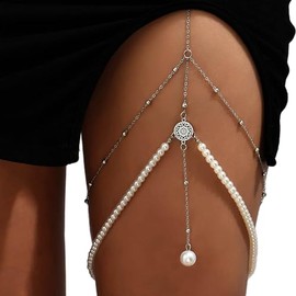 Atentuyi Layered Leg Chain Silver Pearl Thigh Chain Bead Thigh Leg Chain Elastic Harness Beaded Body Chain Summer Beach Bikini Boho Leg Jewelry Accessories for Women and Girls