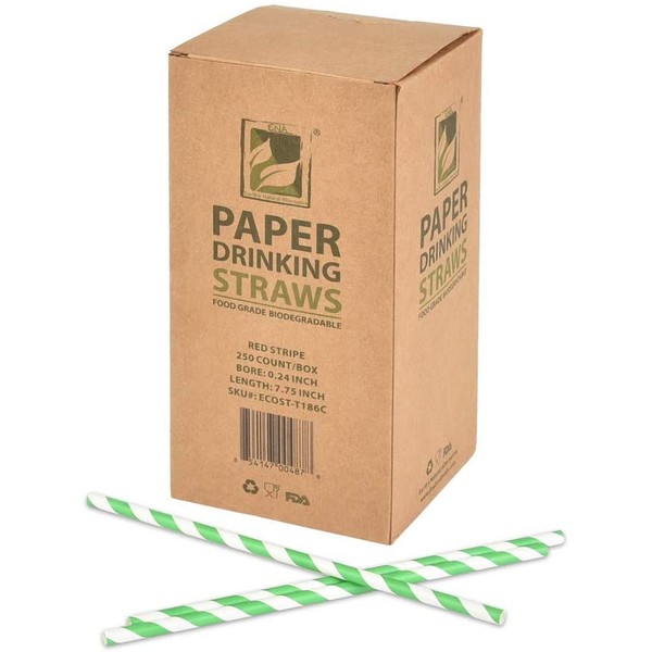 Earth's Natural Alternative ECOST-T7739C Paper Straw 250-count, 7.75" Length, 6mm Diameter, Green Stripe