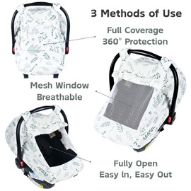Summer Muslin Car Seat Cover Baby Girls Boys,Infant Carseat Covers with Breathable Window,3 Adjustable Modes, Lightweight Car Seat Sun Shade Cover for Babies,Green Leaf