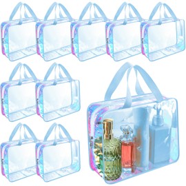 Sweetude 10 Pcs Large Clear Toiletry Bag Large Capacity Travel Makeup Bag PVC Clear Plastic Tote Punch Iridescent Cosmetic Clothes Organizer for Women Men (Blue)
