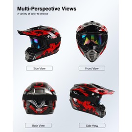 TTMiku Youth Kids Dirt Bike Helmet, Motocross Off Road Motorcycle ATV UTV Street Bike Casque Casco Combo Gloves Goggles Mask (DOT Approved), Red Camo, L