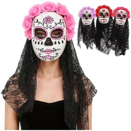 Mexican Day of the Dead Mask for Women Dia de los Muertos Headpiece Full Skeleton Skull Flower Mask, for Birthday Festival Holiday Carnival Bar Cosplay Mexican Party Supplies (Pink)
