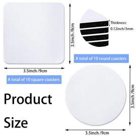 20 Pieces Square and Round Sublimation Coaster Blanks Cup Mat Rubber Heat Transfer Press Printing for DIY Home Kitchen Decor (3.5x3.5x0.12Inch) White