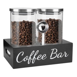EtsRmi Airtight Coffee Bean Container Set - 2×50oz Glass Coffee Canisters with Scoop & Shelf, Clear Ground Coffee Storage Jars with Lids for Coffee Bar, Sugar, Tea, Nuts & Kitchen Countertop