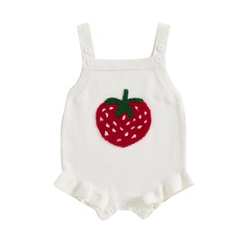 Baby Girl Knit Romper Summer Sleeveless Strawberry Crochet Bodysuit One Piece Jumpsuit Infant Newborn Girls Overalls Outfit (White, 3-6 Months)
