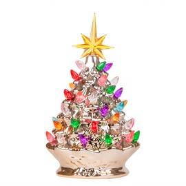 RJ Legend 9.6-Inch Champagne Gold Ceramic Christmas Tree - Pre-lit Winter Tree Decor with Multicolor Lights – Mini Decorated Christmas Tree for Home – Vintage Holiday Lights