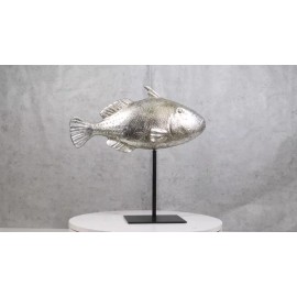 Nautical Marine Silver Tone Clown Triggerfish Fish Sculpture On Metal Pole Stand