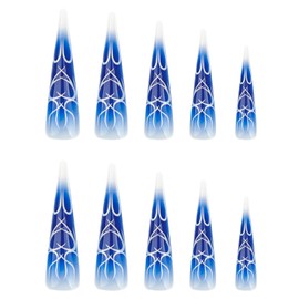 MISUD Press on Nails Extra Long Stiletto Fake Nails Glossy Glue on Nails Blue Ombre Acrylic Nails Almond Artificial Nails Chrome Swirl Stick on False Nails with Design 24pcs