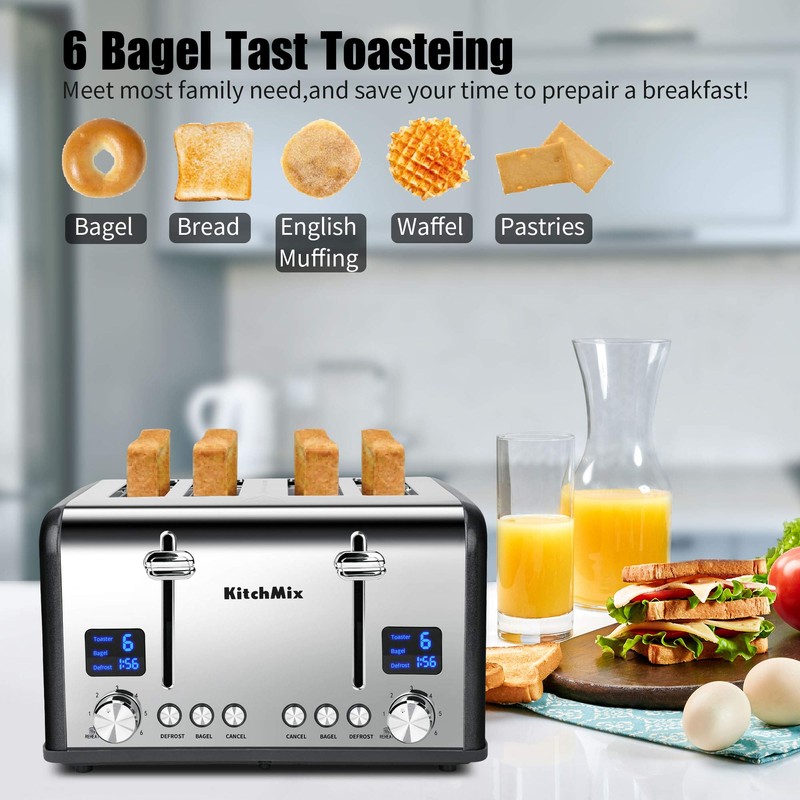 KitchMix Toaster 4 Slice, Bagel Stainless Toaster with LCD Timer,