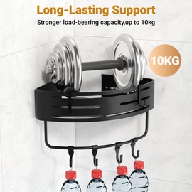 Euqvunn Shower Shelf No Drilling Required, Pack of 2 Waterproof Rustproof Shower Shelf Corner with 8 Portable Hooks, Shampoo Holder for Shower, Bathroom Shelf for Bathroom and Kitchen (Black)