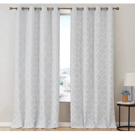 HLC.ME Versailles Lattice Flocked 100% Complete Blackout Thermal Insulated Window Curtain Grommet Panels - Energy Savings & Soundproof, For Living Room & Bedroom, Set of 2 (50 x 96 inches Long, White)