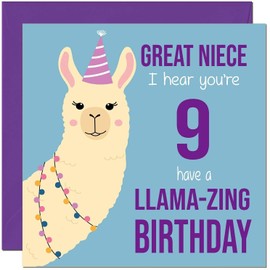 9th Great Niece Llama Birthday Card - Llamazing - Funny Llama Great-Nieces Birthday Card for 9 Year old Kids Nine, Ninth
